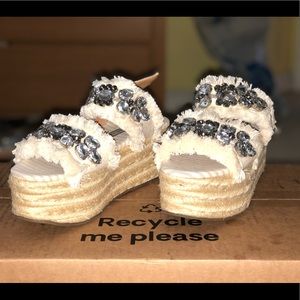 Cream fluffy bejeweled pumps